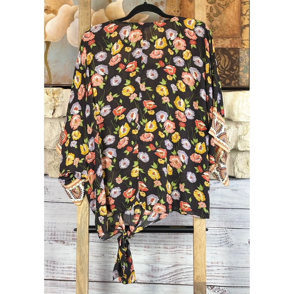 Democracy Womens 1X Black Colorful Floral Tie Front Oversized Blouse - Picture 8 of 8